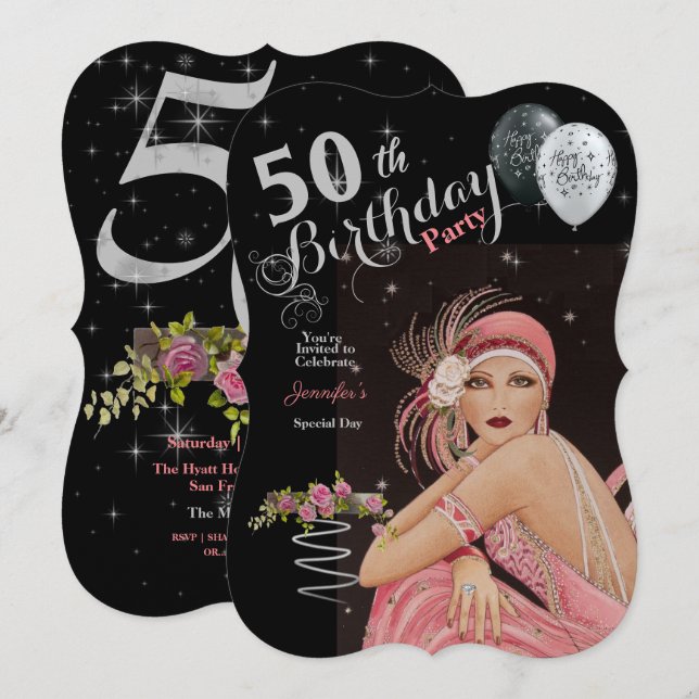 50th Birthday Party Art Deco Design Birthday  Invitation (Front/Back)