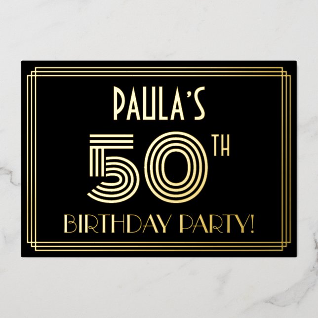 50th Birthday Party — Art Deco Style “50” + Name Foil Invitation (Front)