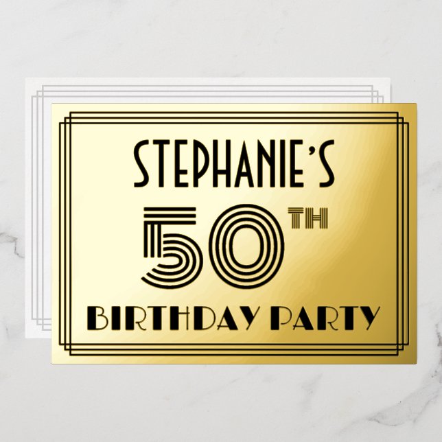 50th Birthday Party — Art Deco Style “50” & Name Foil Invitation (Front/Back)