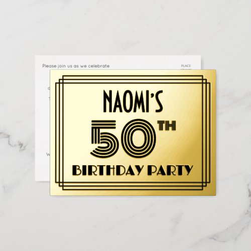 50th Birthday Party  Art Deco Style 50  Name Foil Invitation Postcard