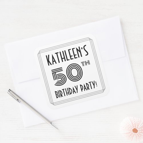 50th Birthday Party Art Deco Style  Custom Name Square Sticker