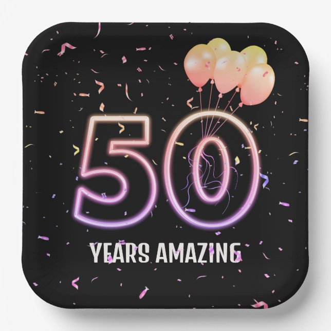 50th Birthday Party Balloons and Confetti Paper Plates (Front)