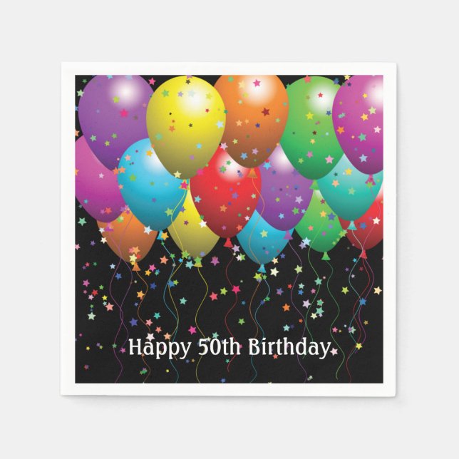 50th Birthday Party Balloons on black Napkins (Front)