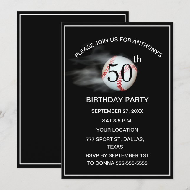 50th Birthday Party Baseball Black Dad Sport  Invitation (Front/Back)
