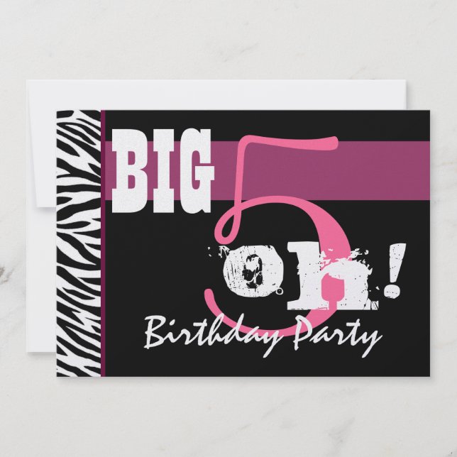 50th Birthday Party - Big 5 Oh Pink Zebra Metallic Invitation (Front)