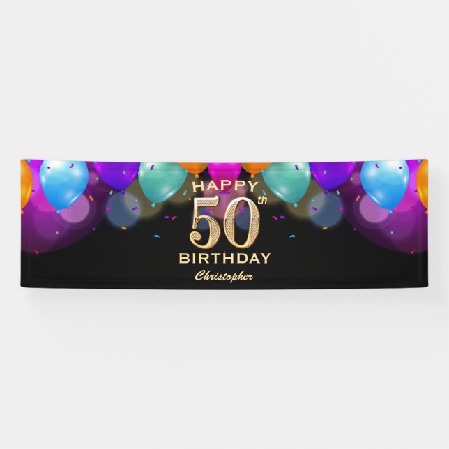 50th Birthday Party Black and Gold Balloons Banner (Horizontal)