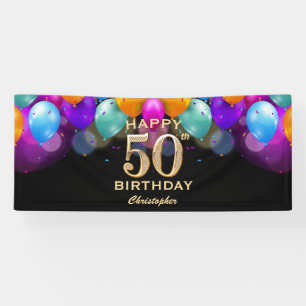 50th Birthday Party Black and Gold Balloons Banner