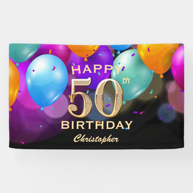 50th Birthday Party Black and Gold Balloons Banner (Horizontal)