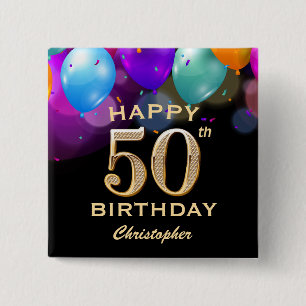 50th Birthday Party Black and Gold Balloons Button