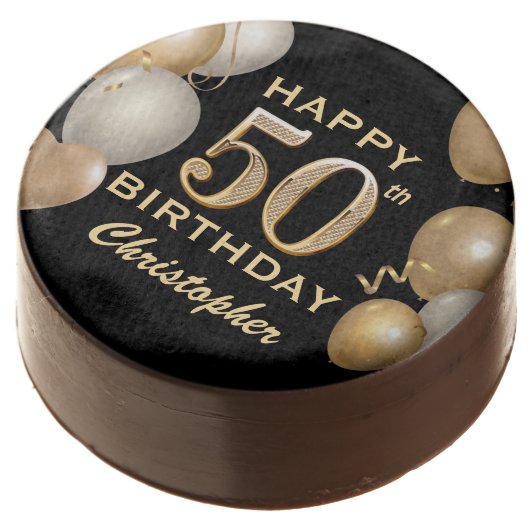 50th Birthday Party Black and Gold Balloons Chocolate Covered Oreo (Angled)