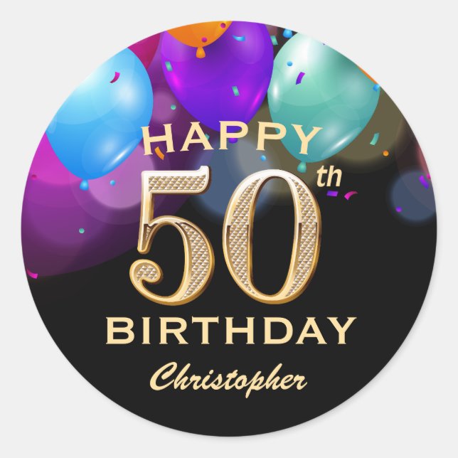 50th Birthday Party Black and Gold Balloons Classic Round Sticker (Front)