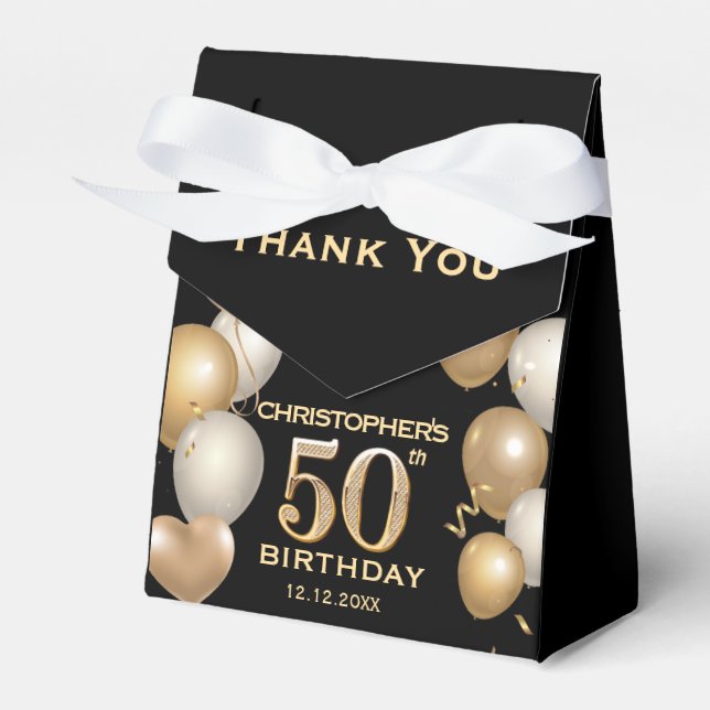 50th Birthday Party Black and Gold Balloons Favor Boxes (Front Side)
