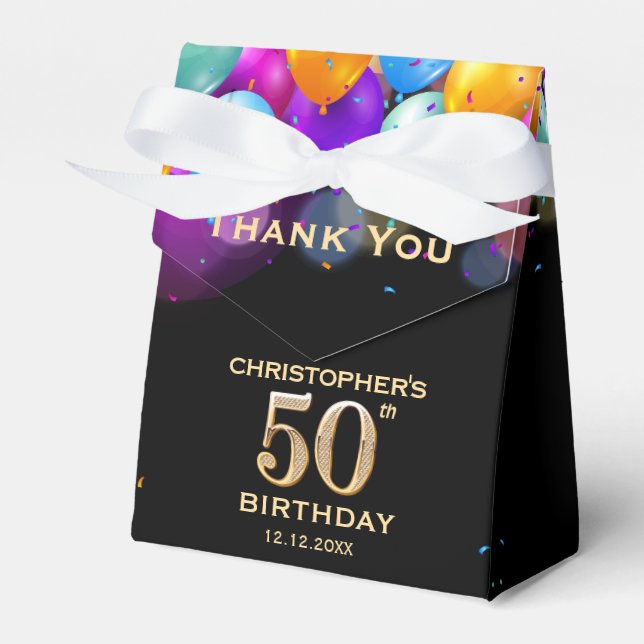 50th Birthday Party Black and Gold Balloons Favor Boxes (Front Side)