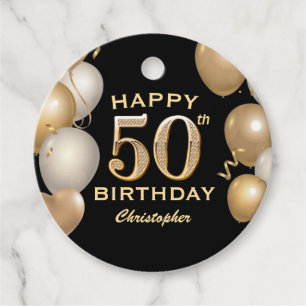 50th Birthday Party Black and Gold Balloons Favor Tags