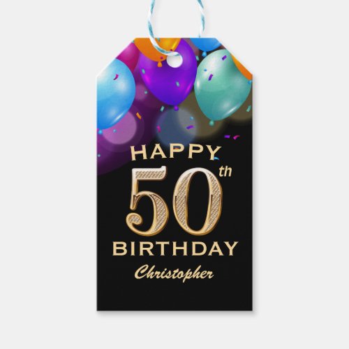 50th Birthday Party Black and Gold Balloons Gift Tags