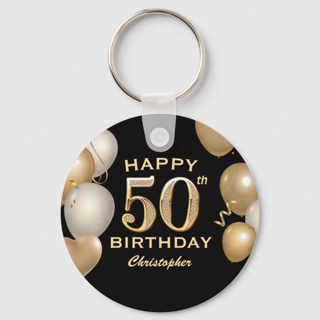 50th Birthday Party Black and Gold Balloons Keychain (Front)