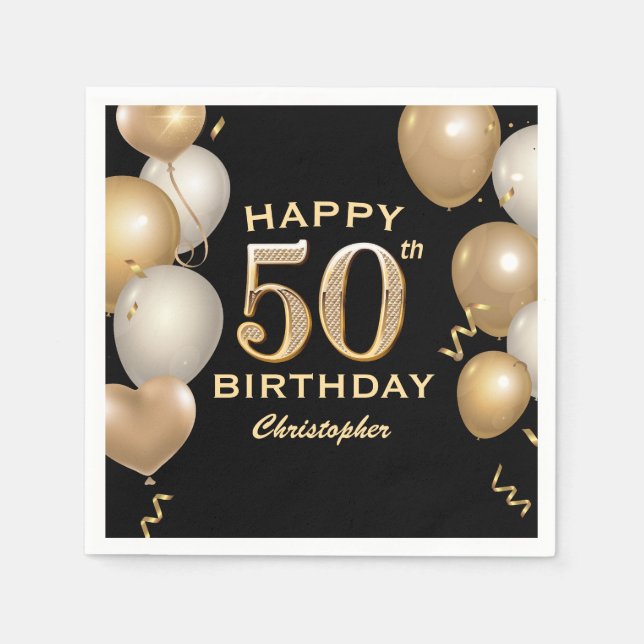 50th Birthday Party Black and Gold Balloons Napkins (Front)