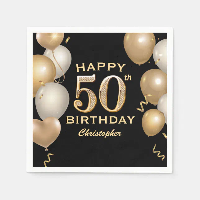 50th Birthday Party Black and Gold Balloons Napkins | Zazzle