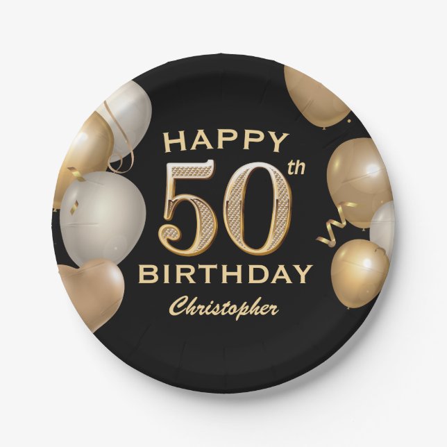 50th Birthday Party Black and Gold Balloons Paper Plates (Front)