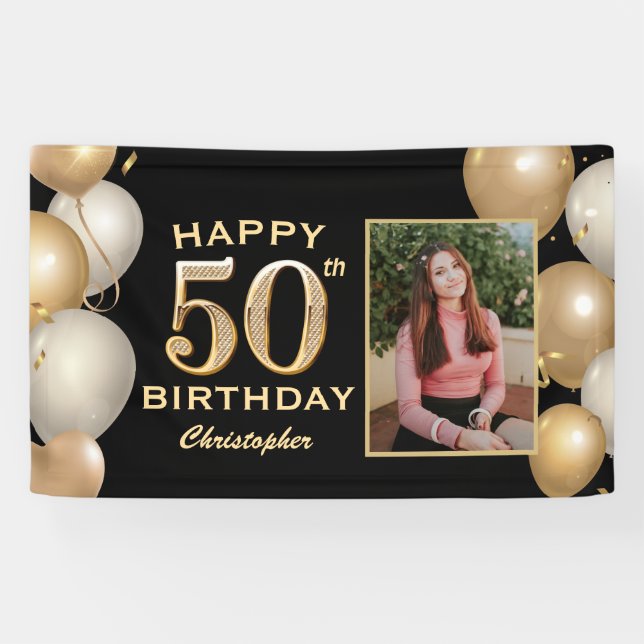 50th Birthday Party Black and Gold Balloons Photo Banner (Horizontal)