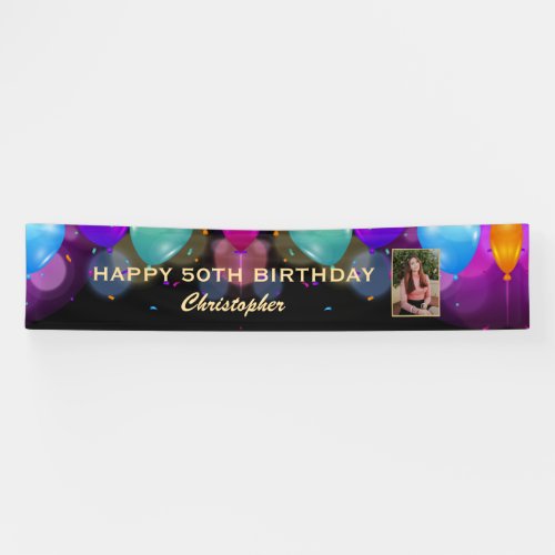 50th Birthday Party Black and Gold Balloons Photo Banner