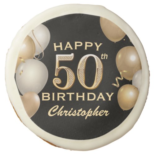 50th Birthday Party Black and Gold Balloons Sugar Cookie