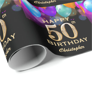50th Birthday Party Black and Gold Balloons Wrapping Paper