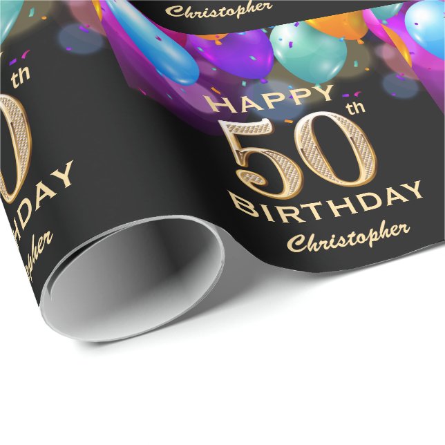 50th Birthday Party Black and Gold Balloons Wrapping Paper (Roll Corner)