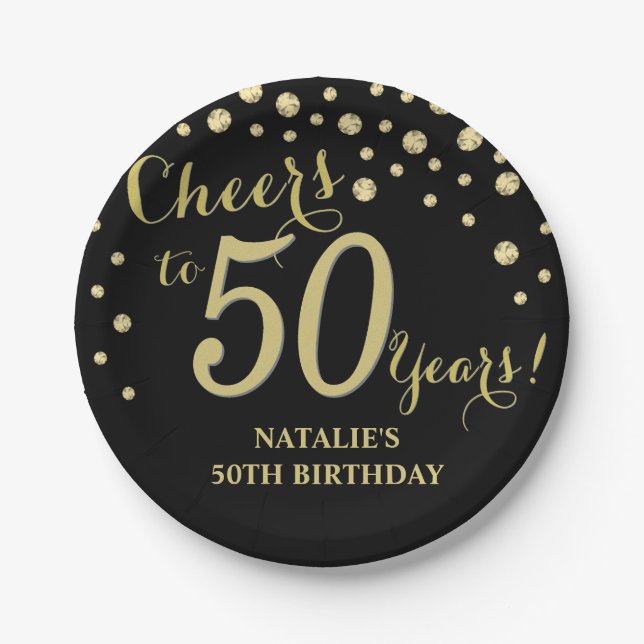 50th Birthday Party Black and Gold Diamond Paper Plates (Front)
