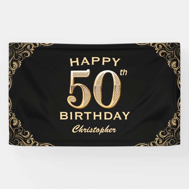 50th Birthday Party Black and Gold Glitter Frame Banner (Horizontal)