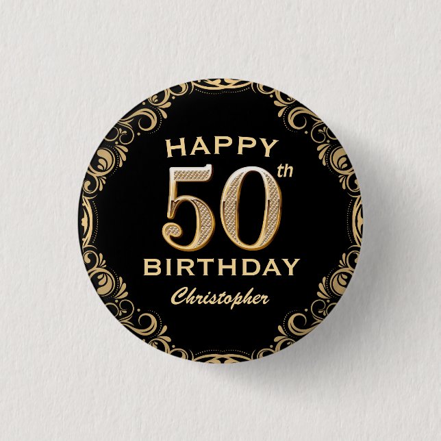 50th Birthday Party Black and Gold Glitter Frame Button (Front)