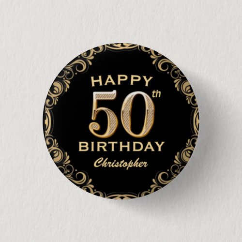 50th Birthday Party Black and Gold Glitter Frame Button