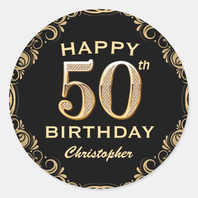 50th Birthday Party Black and Gold Glitter Frame Classic Round Sticker (Front)