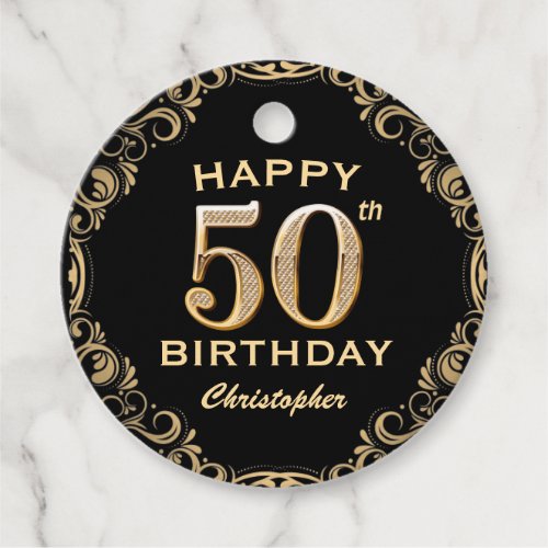 50th Birthday Party Black and Gold Glitter Frame Favor Tags