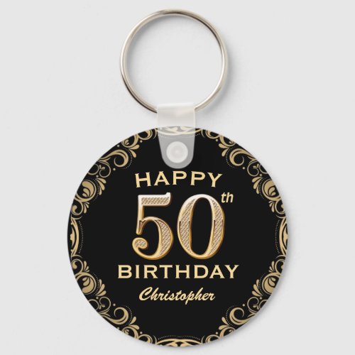 50th Birthday Party Black and Gold Glitter Frame Keychain