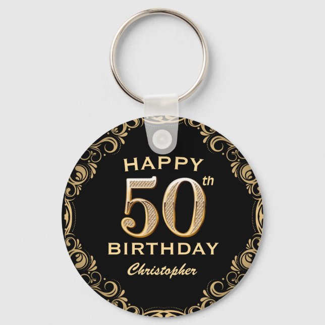 50th Birthday Party Black and Gold Glitter Frame Keychain (Front)