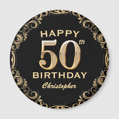 50th Birthday Party Black and Gold Glitter Frame Magnet