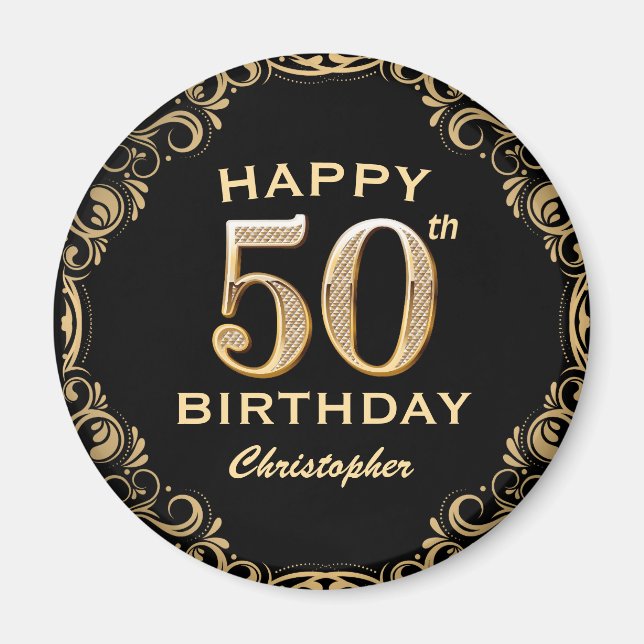 50th Birthday Party Black and Gold Glitter Frame Magnet (Front)