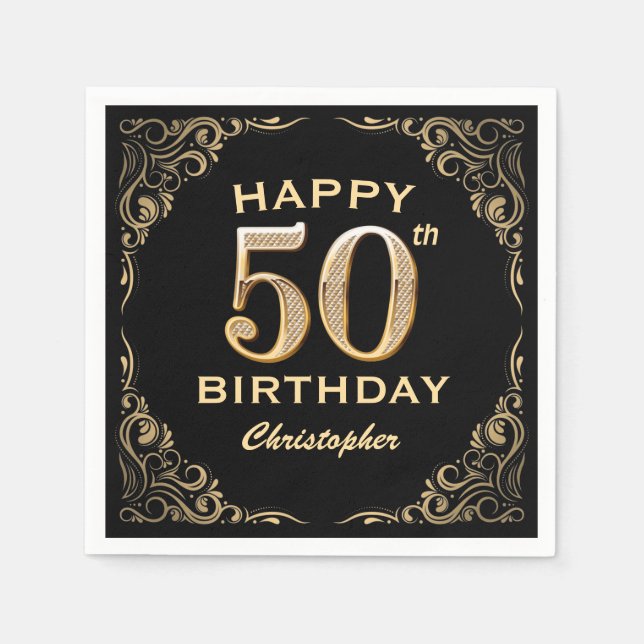 50th Birthday Party Black and Gold Glitter Frame Napkins (Front)