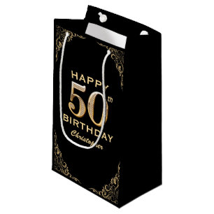 50th Birthday Party Black and Gold Glitter Frame Small Gift Bag