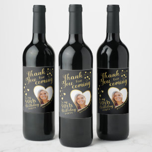 50th Birthday Party Black and Gold Photo Thank You Wine Label