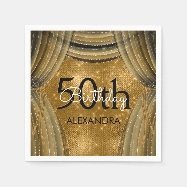 50th Birthday Party Black and Gold Sparkle Napkins (Front)