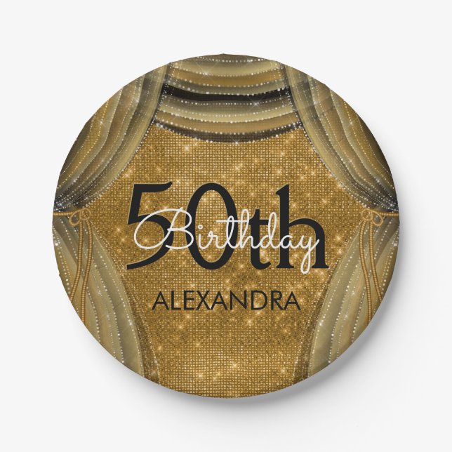 50th Birthday Party Black and Gold Sparkle Paper Plates (Front)