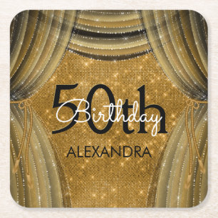 50th Birthday Party Black and Gold Sparkle Square Paper Coaster