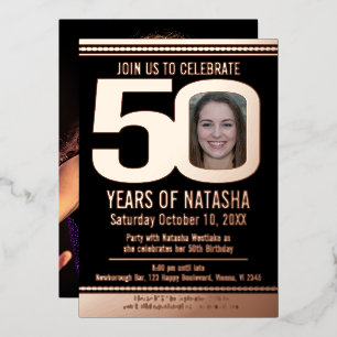50th Birthday party black and rose gold foil photo Invitation
