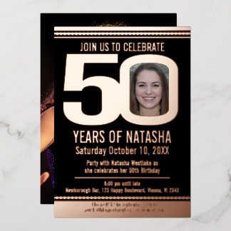 50th Birthday party black and rose gold foil photo Invitation