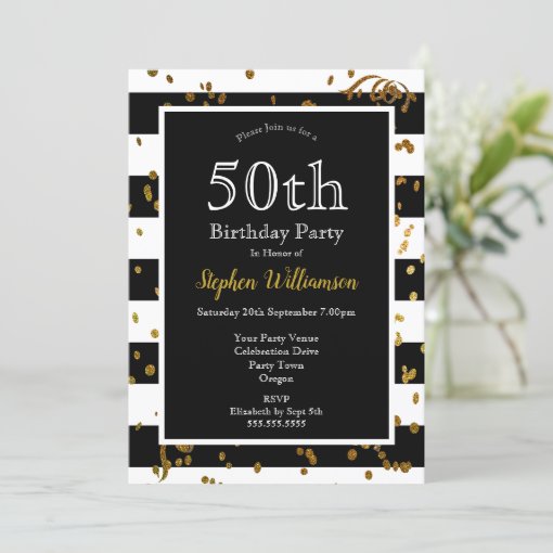 50th Birthday Party Black and White | Gold Glitter Invitation | Zazzle