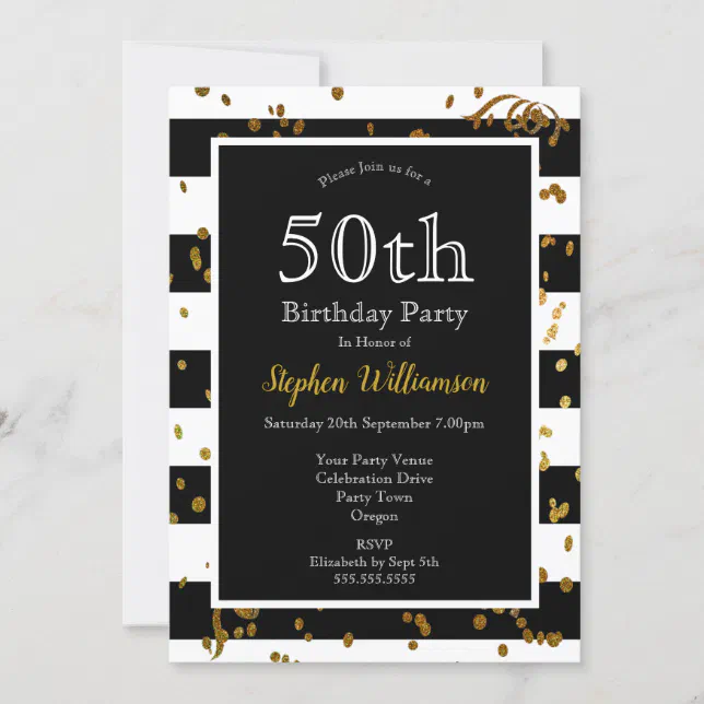 50th Birthday Party Black and White | Gold Glitter Invitation | Zazzle