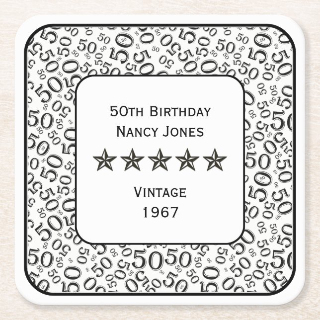 50th Birthday Party Black and White Theme Square Paper Coaster (Front)
