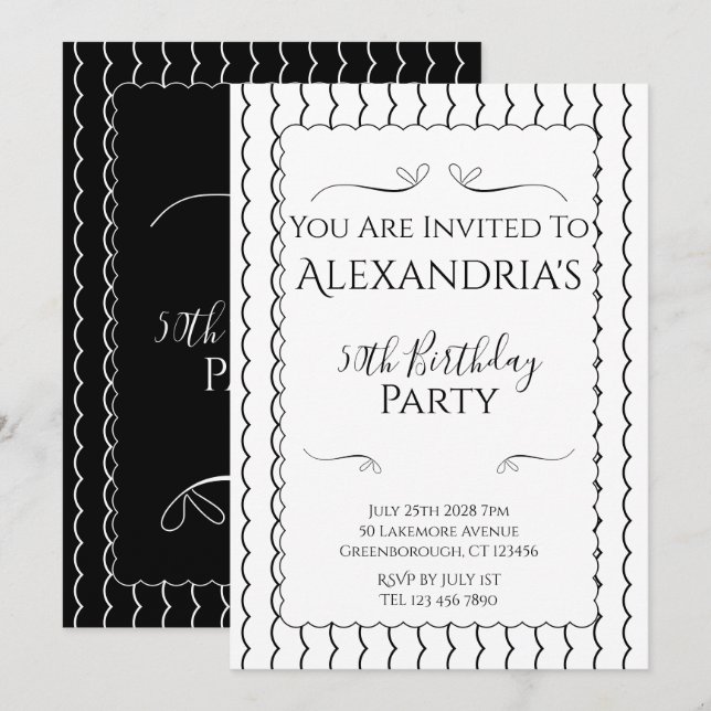 50th Birthday Party Black and White Wavy Lines Invitation (Front/Back)